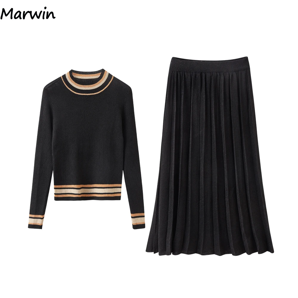 

Marwin New-Coming Autumn Spring Warm Soft High Street Style Women's Sets Casual Mid-Calf Skirts Elastic Waist Silm Sweaters Sets