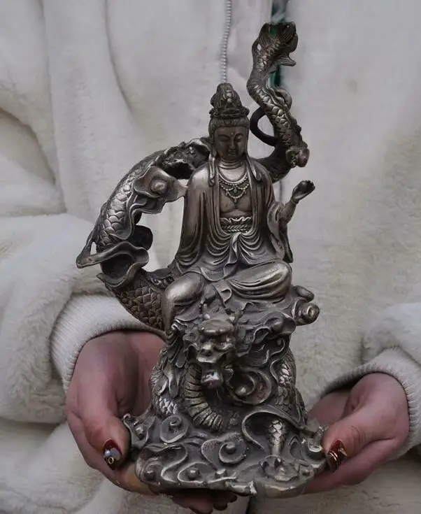 

9" Chinese silver temple fane Dragon Kwan-yin GuanYin Bodhisattva Goddess statue