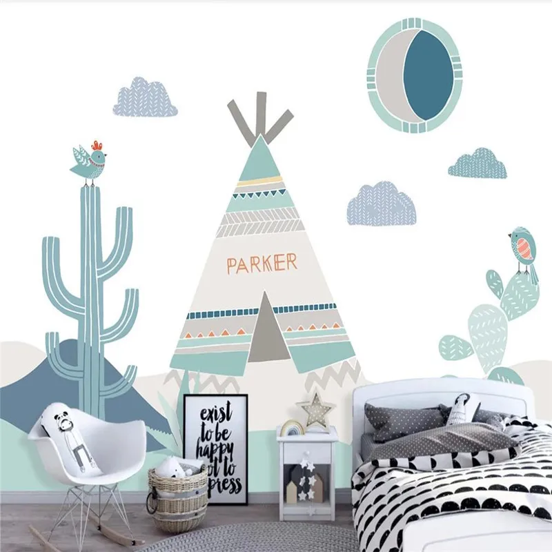 

Custom Wallpaper Nordic Modern Simple Personality Geometric Fresh Cactus Children's Room Mural