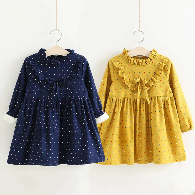 2023 Winter 2 3 4 6 8 10 Years Kids Crew-Neck Long Sleeve Dot Bow Thickening Plus Velvet Warm For Baby Girls Winter Dress