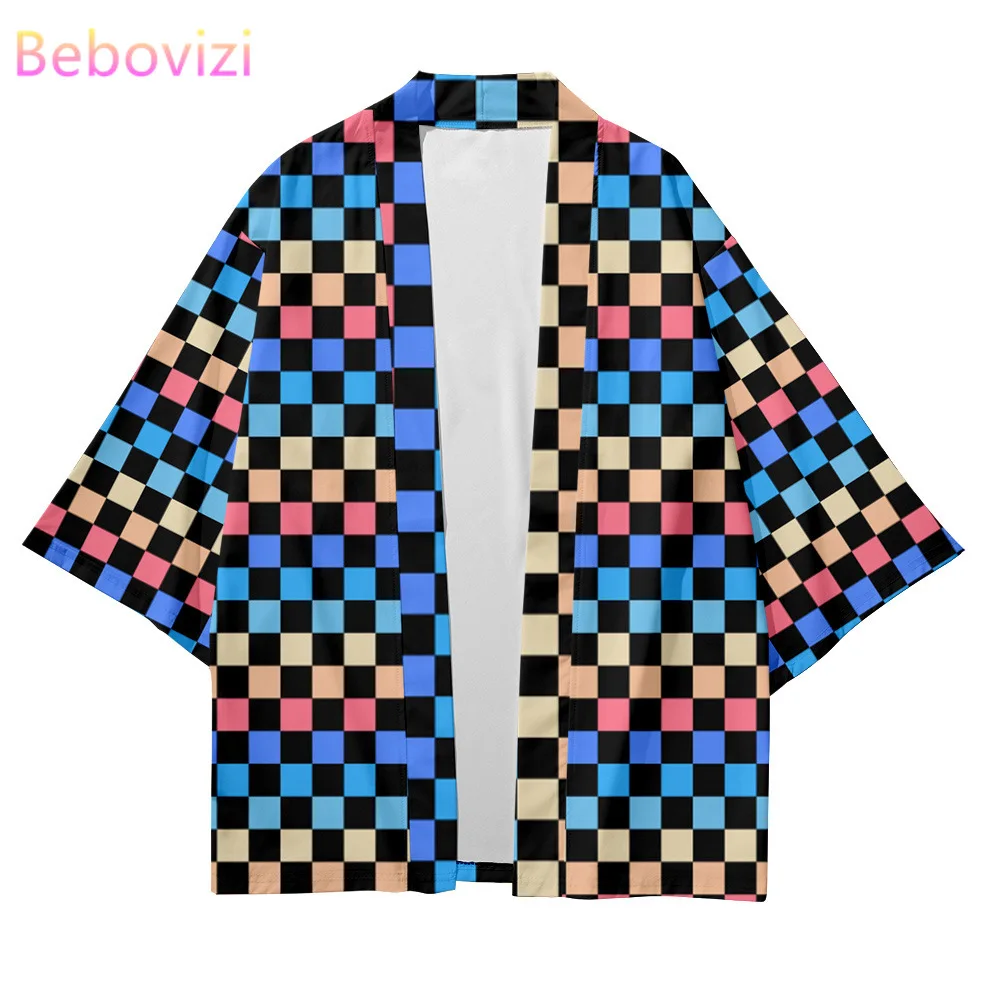 

Plus Size 4XL 6xl Blue Checkerboard Street Fashion Beach Japanese Kimono Robe Cardigan Men Shirts Yukata Haori Women's Clothing