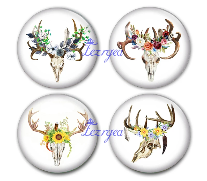 Handmade Round Skull Deer Head And Flower Photo Glass Cabochons Antlers Jewelry Finding Cameo Pendant Settings