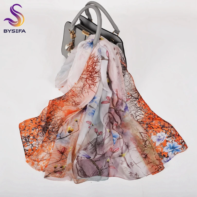 [BYSIFA] Blue Orange Silk Scarf Brand Spring New Floral Design Long 100% Silk Chiffon Scarf Shawl Fall Winter Women Neck Scarf