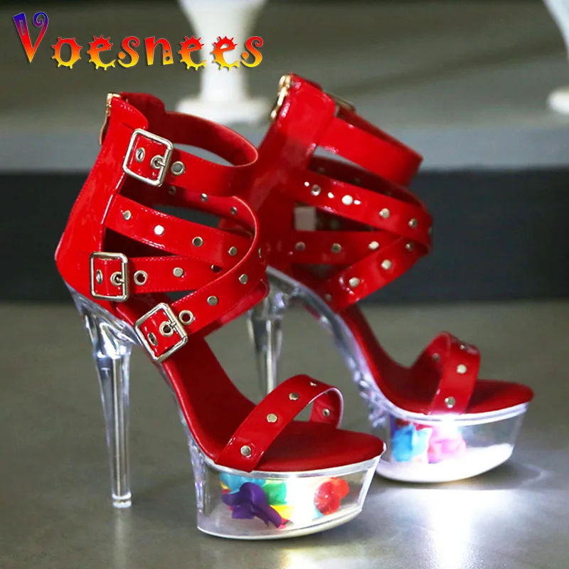 

Transparent Light-Emitting Petal Platform Buckle Strap 14.5CM High Heel Shoes Metal Buckle Cross Straps Cover Heel Zipper Sandal