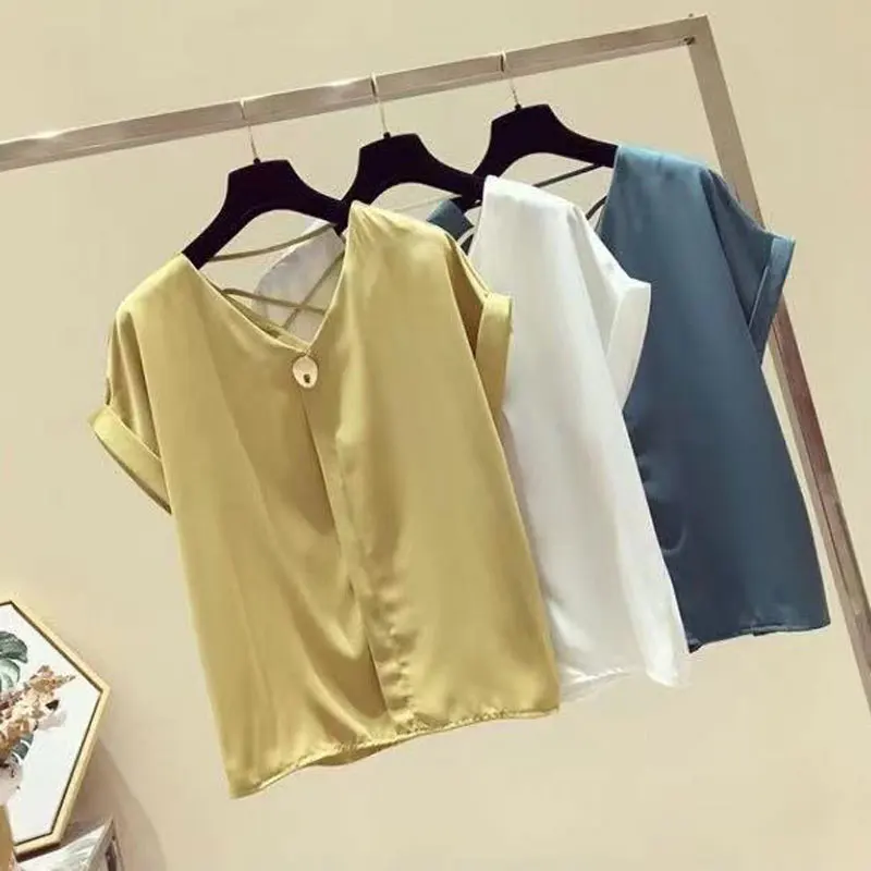 Women Summer Short Sleeve V-Neck Chiffon Blouse Korean Loose Sexy Backless Casual Shirts Office Lady Elegant Solid Tops Mujer