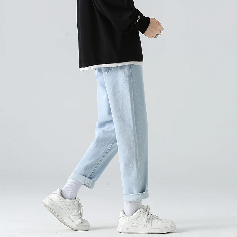 Korean style men's loose casual jeans street fashion solid color straight pants blue black light blue men's brand clothing