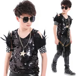 Children Hip Hop Costumes Black Sequined Vest Tassel Pants Boys Street Dance Clothing Stage Show Wear Kids Rave Outfit DNV12477