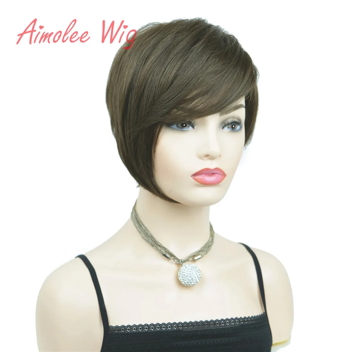 Aimolee Women\'s Wigs Caramel/Brown Asymmetric Inclined Bangs Short Straight Bob Natural Synthetic Wig