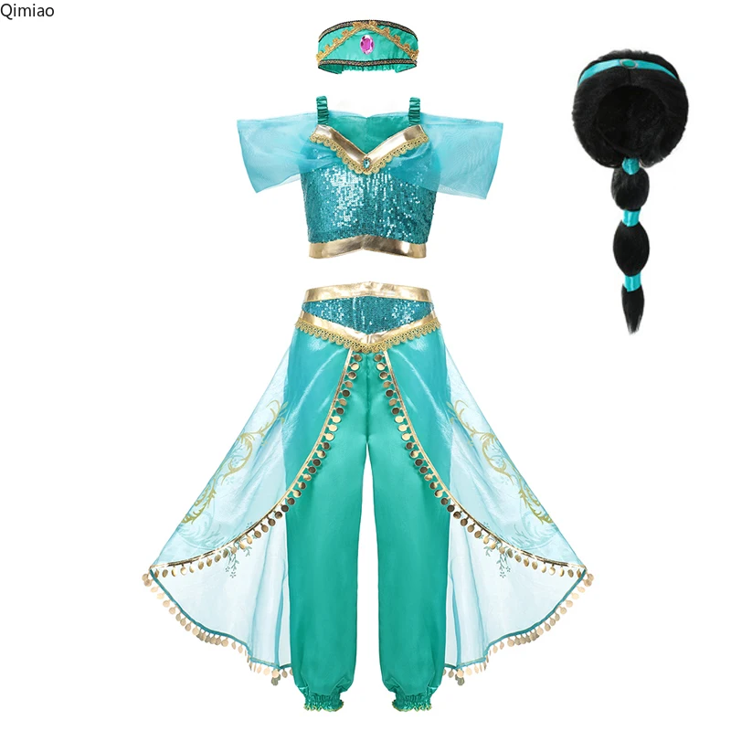 

Girls Jasmine Dress Up 3 Pcs Set Kids Sequined Flower Printed Arabian Princess Costume Children Halloween Cosplay Fancy