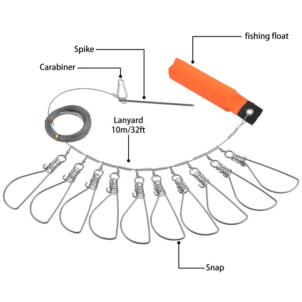 Fishing Stringer Clip Live Fish Lock 10m High Strength Snaps Buckle Big Fish Steel Wire Rope Cable Fishing Holder Kit with Float