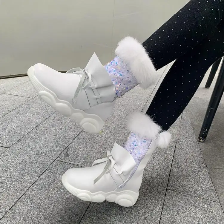 Botas femininas de neve com peles de coelho, botas femininas de veludo com fundo grosso e quente de lantejoulas para estudantes, kawaii, botas de neve para mulheres