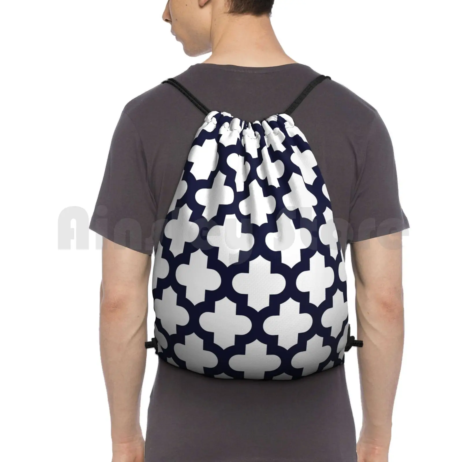 Navy Blue Thick Quatrefoil On White Backpack Drawstring Bag Riding Climbing Gym Bag Navy Blue Blue Navy White Quatrefoil