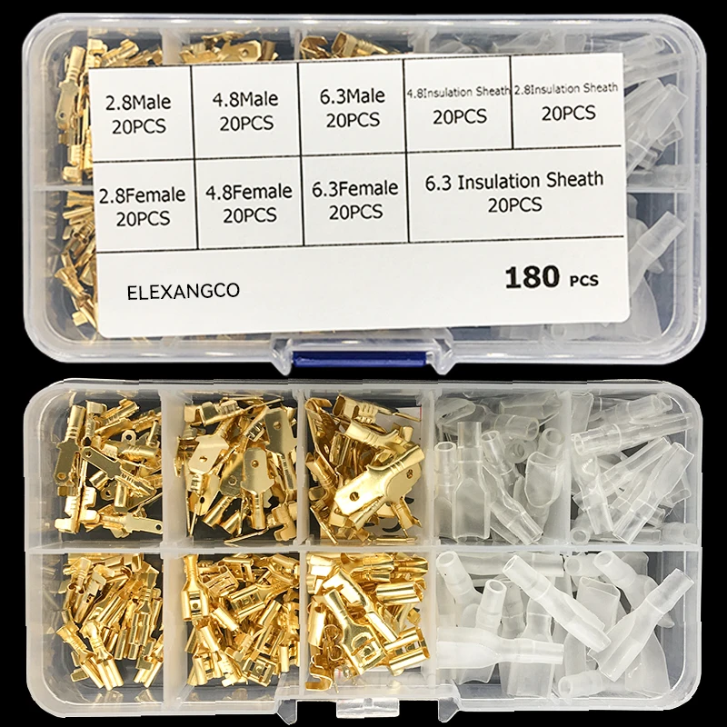 180/300/315 szt. 2,8 mm 4,8 mm 6,3 mm męskie i żeńskie złącze widełkowe i zestaw asortymentowy tulei izolacyjnej do głośnika samochodowego — zdjęcie 3