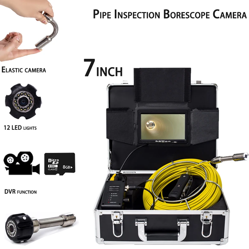 

7inch Monitor 20m Cable CCTV Video Pipe Camera 23mm Lens Industrial Pipeline Sewer Drain Endoscope Inspection System with DVR