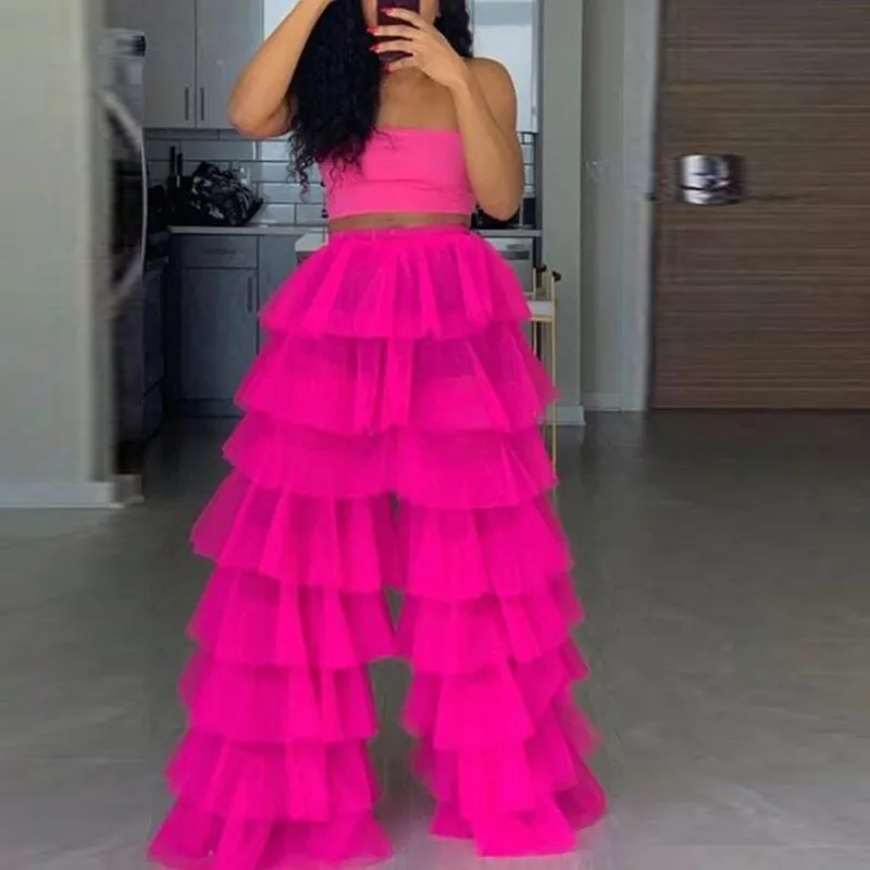 

2020 High Street Red Ruffles Tiered Tulle Pants Women Custom Made Pearl Pink Tulle Female Bottom Long Tulle Pant Summer