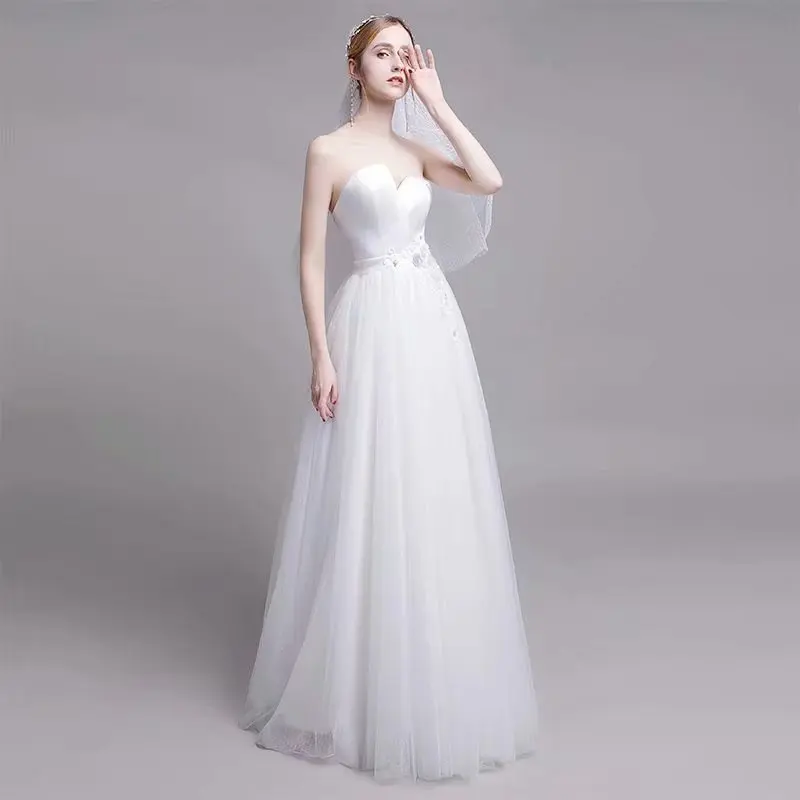 Áo CướI Платье Cô Dâu Váy Đầm Vestido De Novia Áo Dây De Mariage Ống Đầu Cô Dâu Satin Sự Đơn Giản