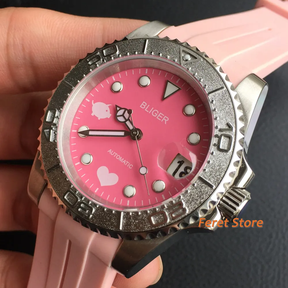 Bliger 40mm NH35A Automatic Movement Watch Sterile Pink Dial Sapphire Glass Date Rubber strap Fashion Men and women Watch