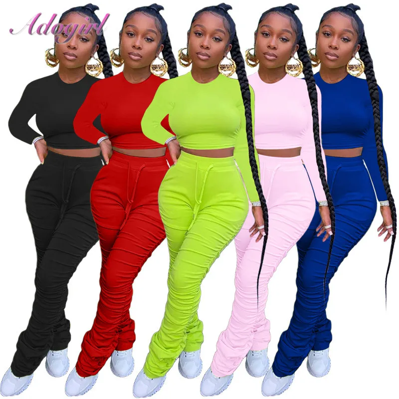 Women Activewear Two Piece Set Causal Solid Long Sleeve Crop Tops Tee Leggings Flare Stacked Pants Suit Outfit Sporty Tracksuit