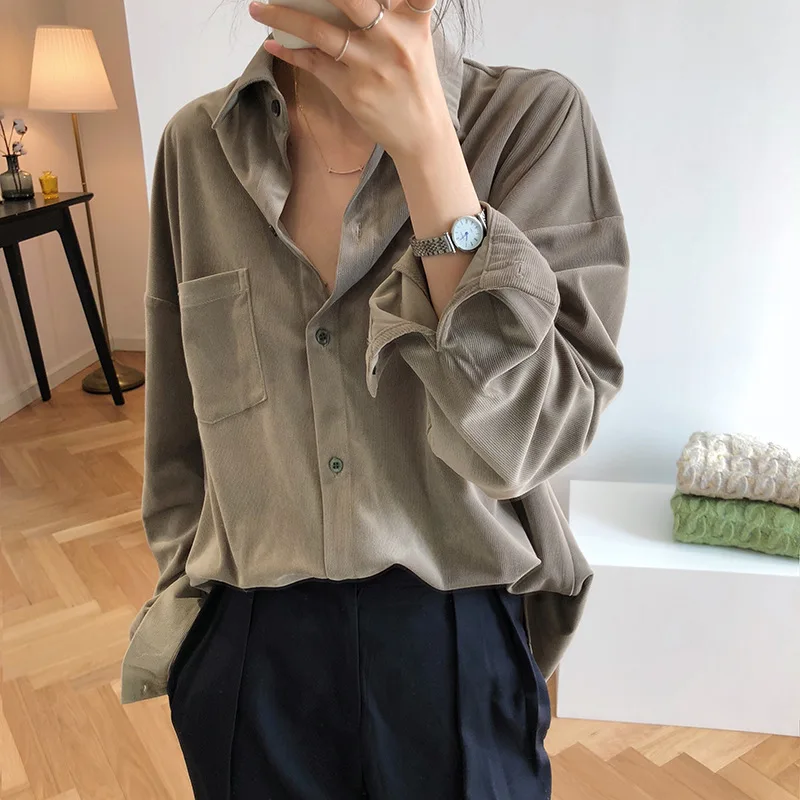 2021 Spring Woman Shirts Casual Loose Corduroy Shirts Women Blouse Mujer Blusa Femme Pocket Single-breasted Shirts Streetwear