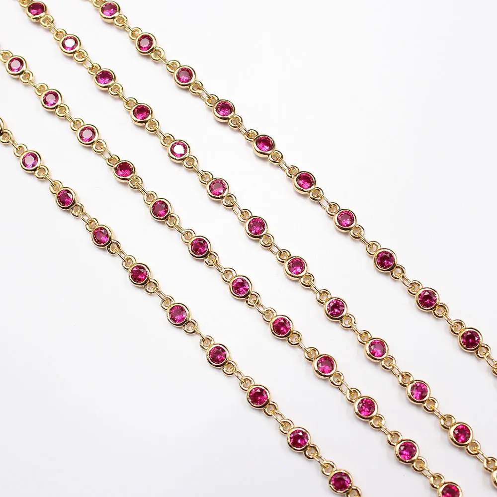 1 Meter Bezel Set 4mm Rose Red CZ Yellow Gold Plated Copper Fashion Chain Paperclip Neck Chain Pearl Jewelry Making DIY