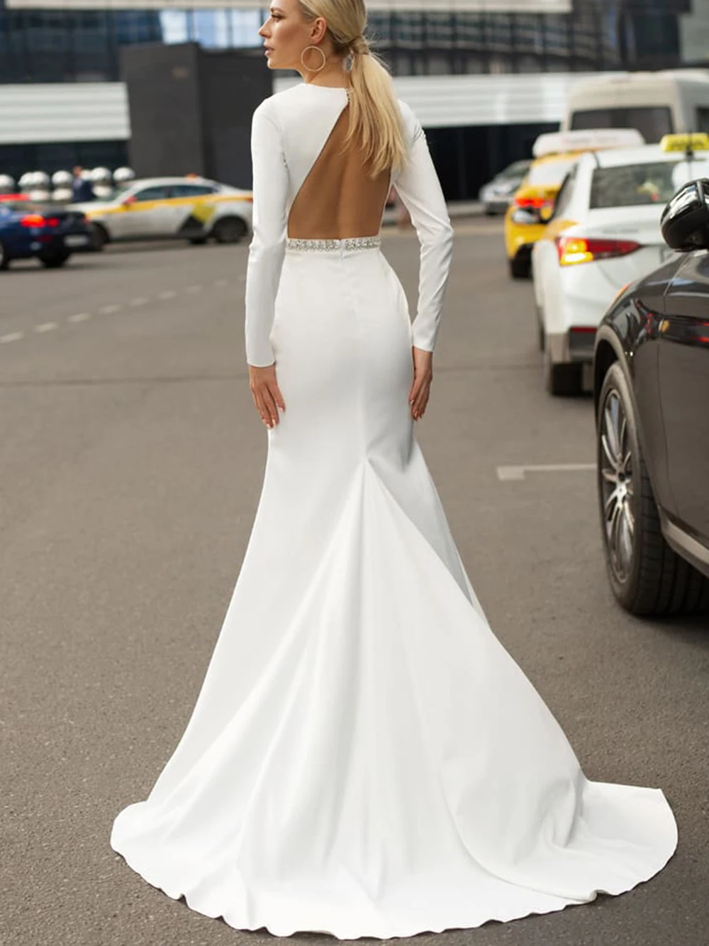 Classic Mermaid Weddding Dress 2025 V Neck Backless Long Sleeve Draped Beads Sash Simple Bridal Gowns Vestidos De Noiva Customiz