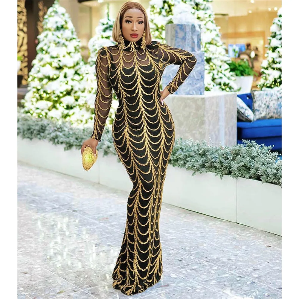 فساتين أفريقية للنساء الأنيقات للحفلات المسائية Dashiki مطاطا ترتر حورية البحر فستان طويل ماكسي ملابس أفريقية مع فستان داخلي #3