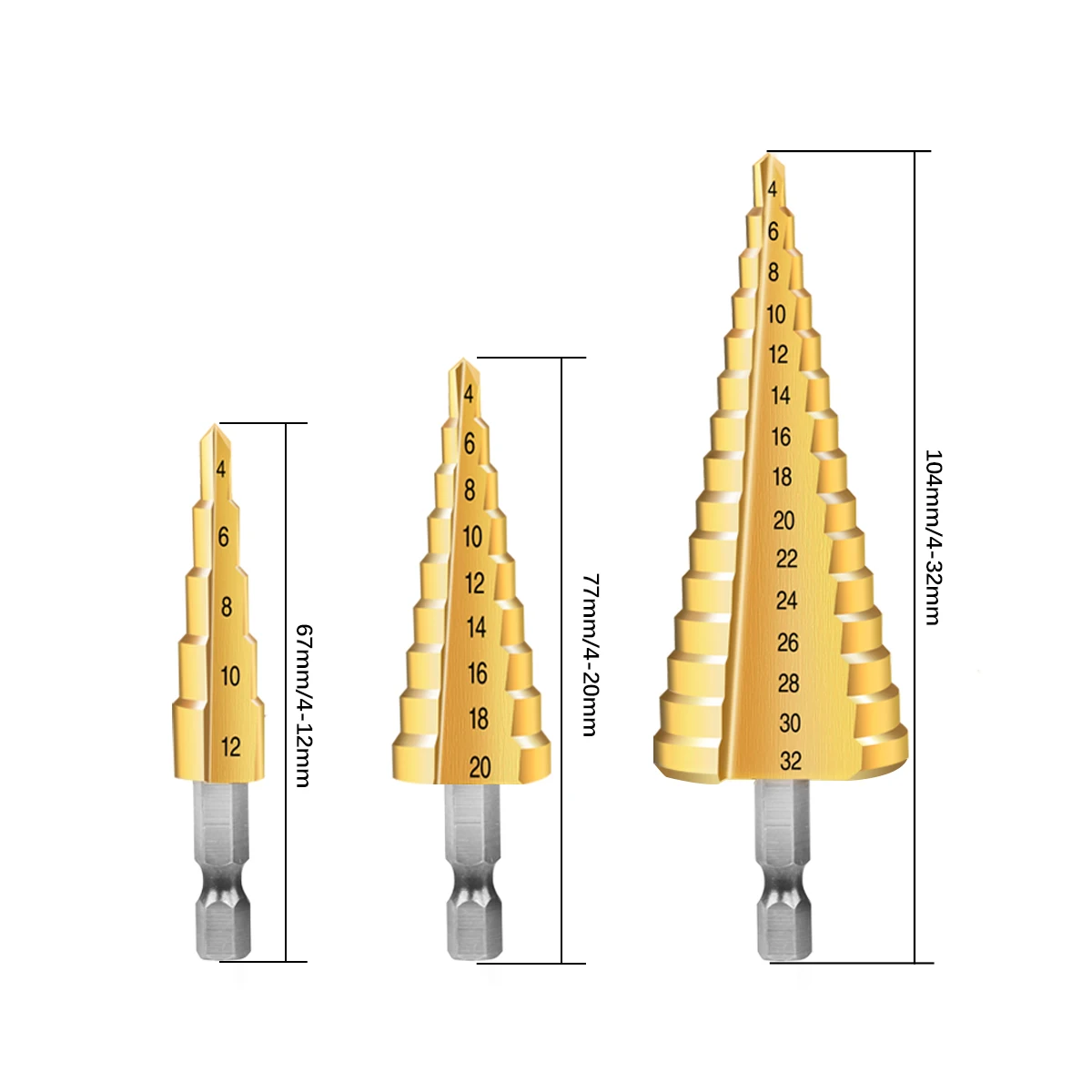 Step Drill Bit 3pcs 4-12/20/32mm HSS Steel Step Cone Cut Set Tools Titanium Coated Wood Metal High Speed Drill Bit Prostormer