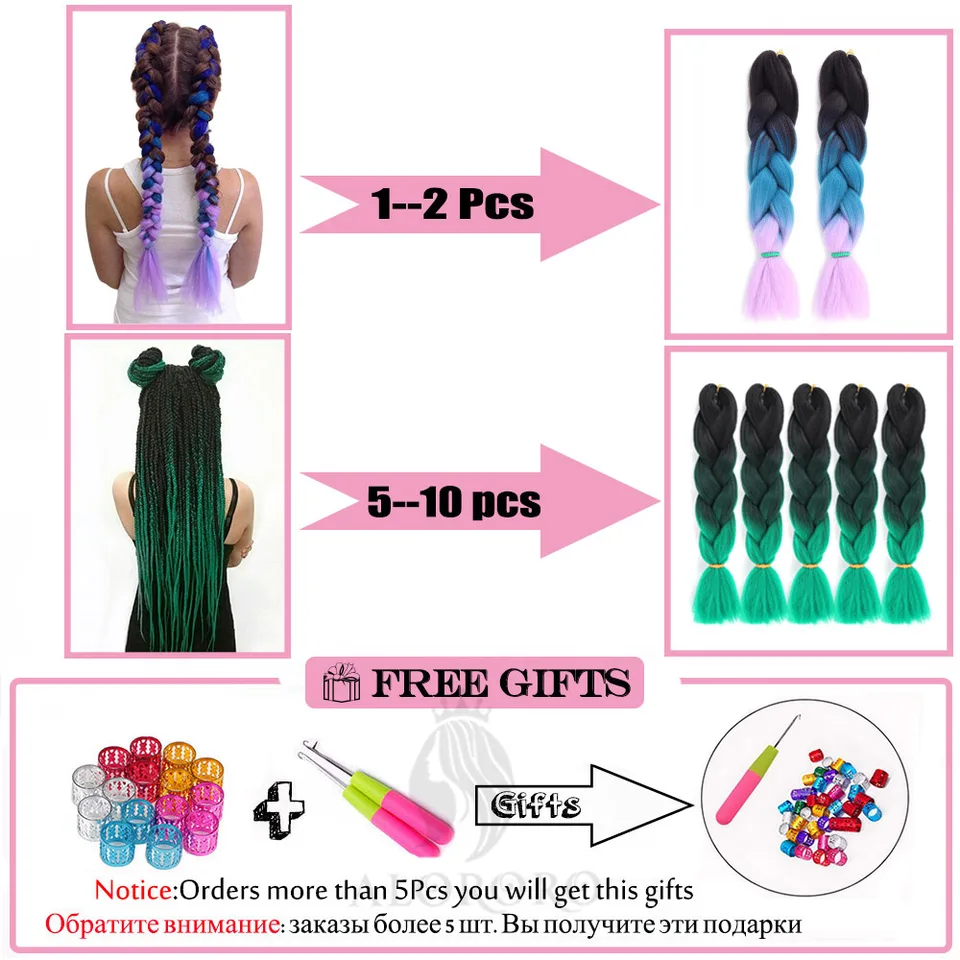Extensiones para trenzas, sintéticas, 24 pulgadas, jumbo, afro, rosa, verde, azul, púrpura, ombre, para niños 4