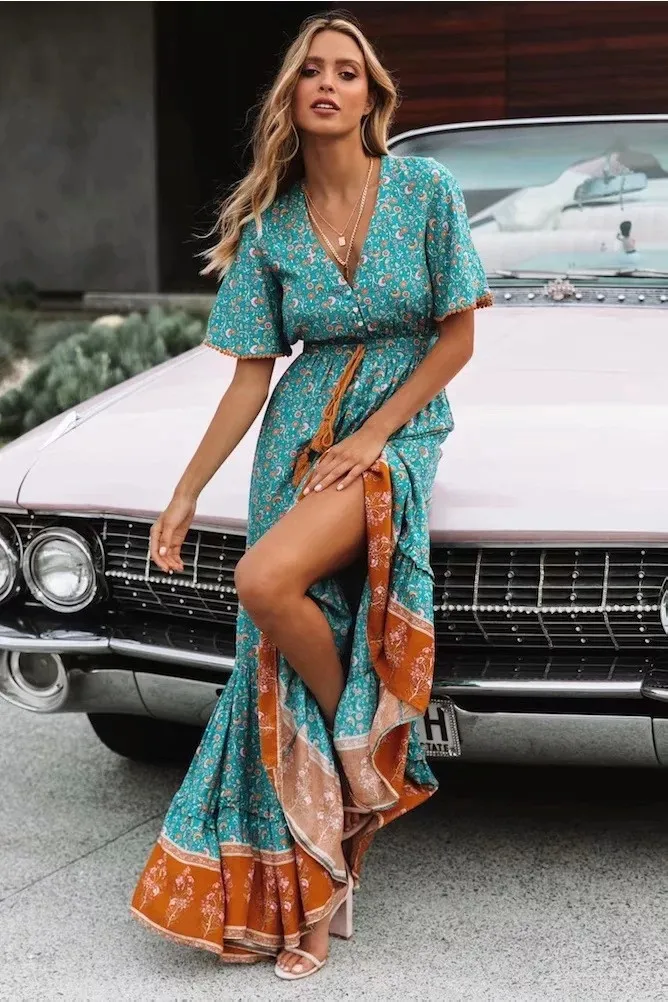 Boho Maxi Dress Women Retro Floral Print Short Sleeve V Neck High Waist  Dresses Female Summer Beach Long Dress Ladies Vestidos - AliExpress