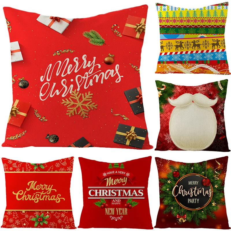 

Merry Christmas Home Decorative Cushion Covers Xmas Cartoon Printed Linen Pillow Cover Winter Holiday Decor Red Throw Pillowcase