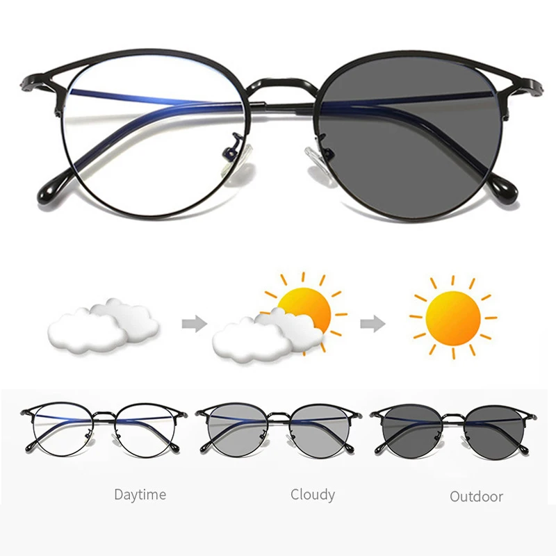 

Women Finished Photochromic Myopia Sunglasses Men Metal Frame TR90 Temple Double Eyebrow Fashion Retro Nearsighted Glasses