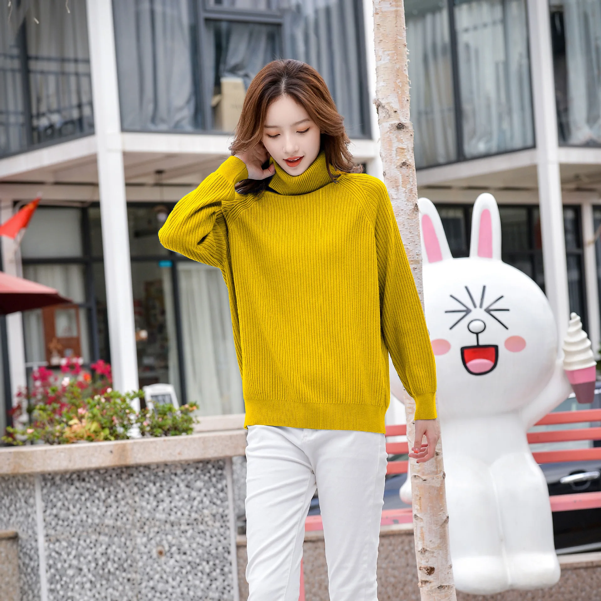 8811 Autumn Winter Women Sweater Pullover Fashion Korean Yellow Versatile Turtleneck Long Sleeve Loose Casual Female Knitted Top