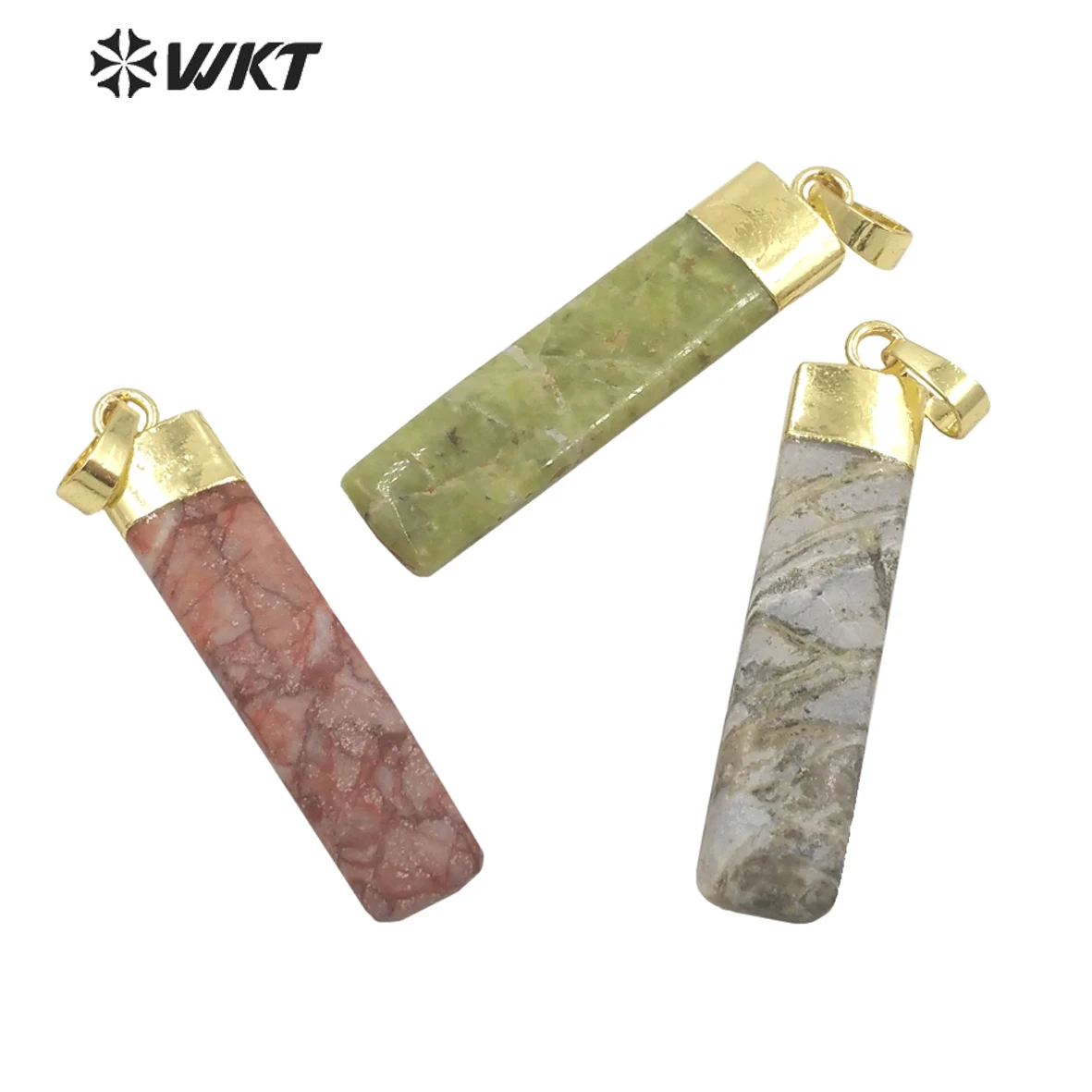 

WT-P1701 Newest fashion gold long rectangle picture jades stone pendant lady gold cap small long straight bar pendant