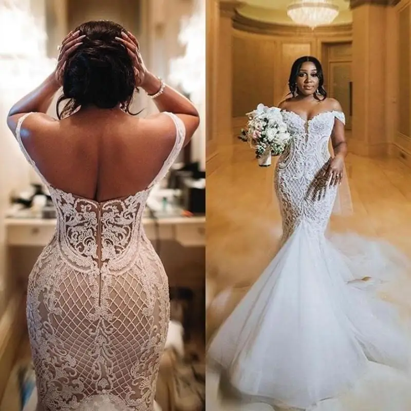 Robe de mariée en dentelle de style sirène, tenue de grande taille, modeste, sexy, dos nu, avec perles, pour patients, quel que soit le modèle personnalisé, 2024