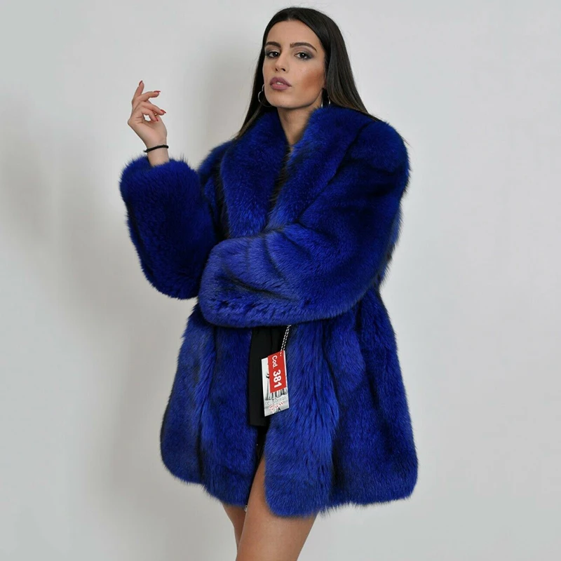 Royal Blue Real Silver Fox Fur Jacket Medium Length Women Fashion Whole Skin Fox Fur Coats Genuine Luxury Fur Overcoats Woman