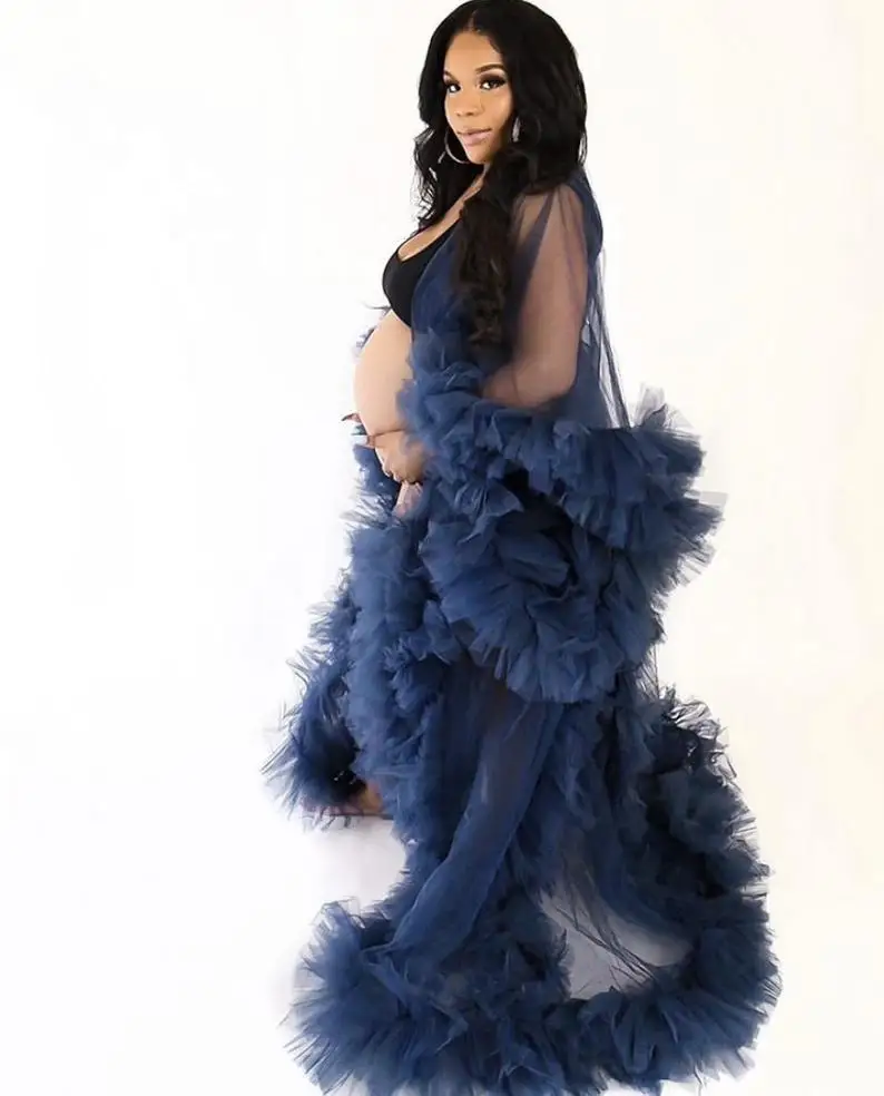 Pregnant Photo Bathrobe Pajam Robe Sexy Long Sleeves Blue Lace Tulle Gowns Custom Made Bathrobe Mesh Prom Bridesmaid Shawl 2021