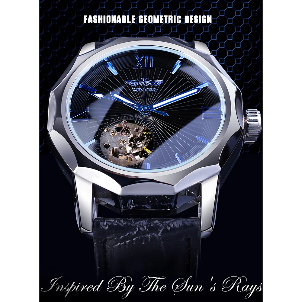 Top Brand Luxury Winner Watch Blue Ocean Geometry Design Transparent Skeleton Dial Mens Watch Automatic Fashion Mechanical Watch