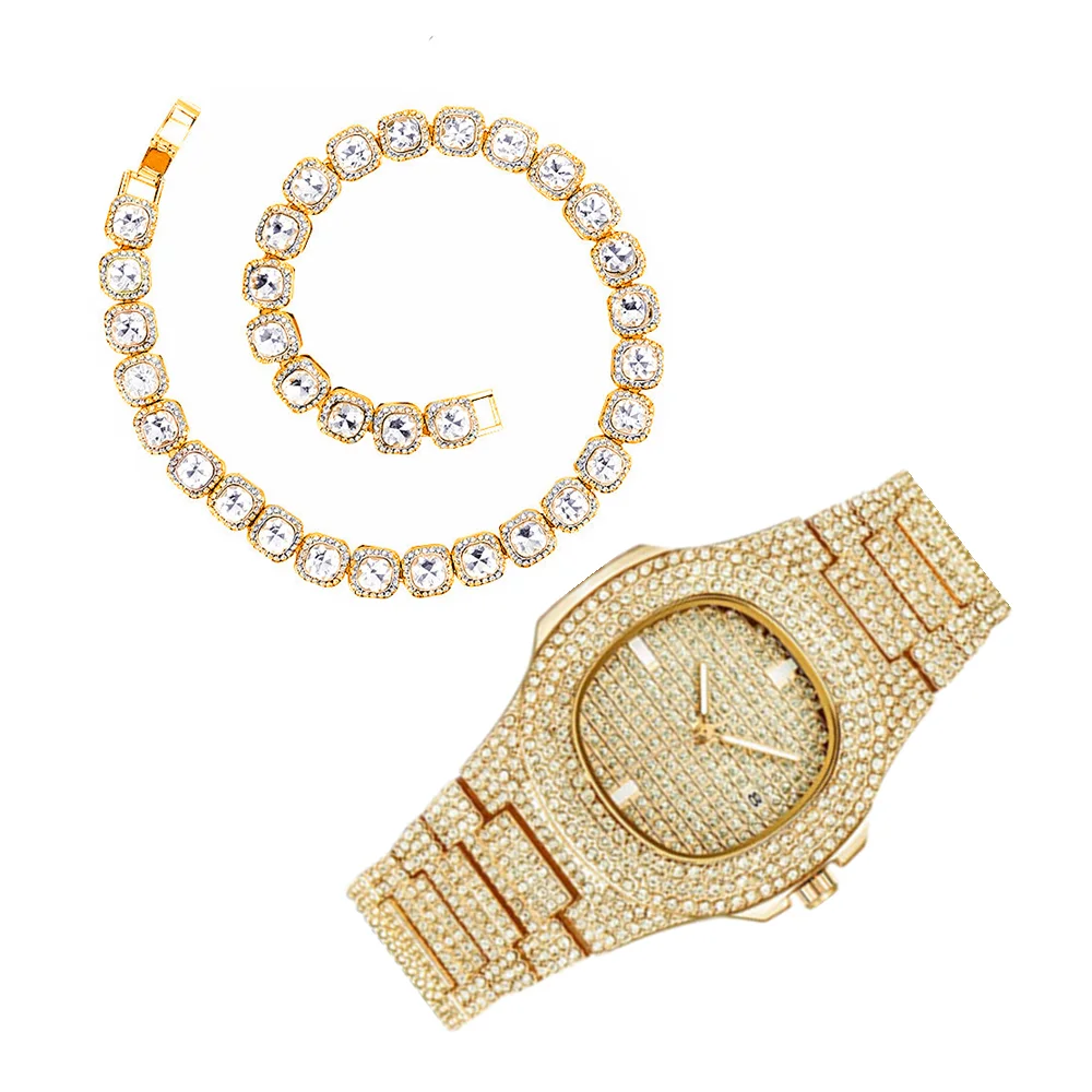 

Necklace Watch Bracelet Hip Hop Iced Out Chain Bling Paved CZ Bling for Men Women Iced Out Watch Set Gold Chain Jewelry Choker