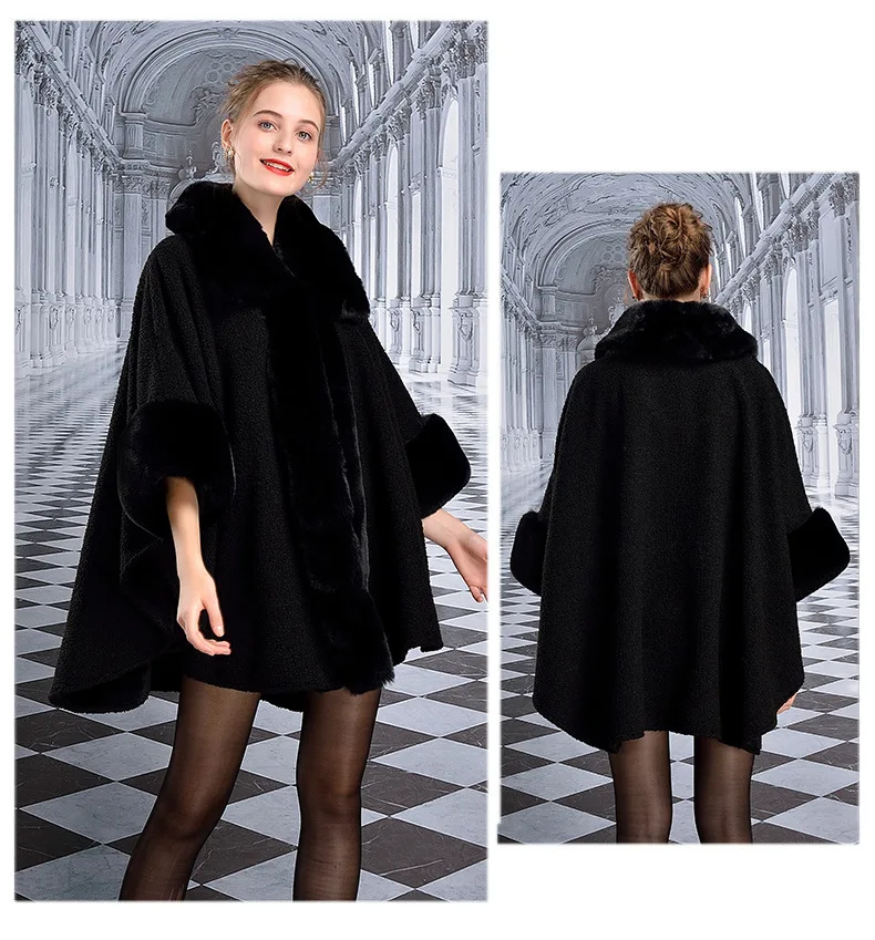 6 Colors Women Big Faux Rabbit Fur Collar Poncho Batwing Sleeves Granular Velvet Cardigan Cloak Long Winter Warm Thick Coat