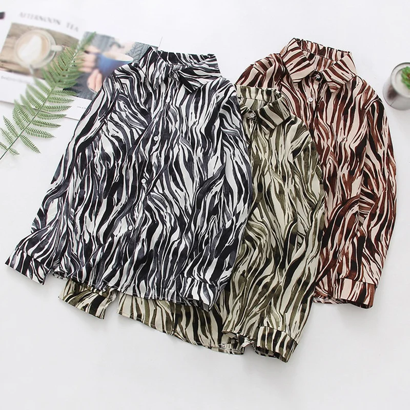 Women\'s Zebra Pattern Blouses Spring Autumn Tie-Dye Fashion Casual Loose Long Sleeves Shirts