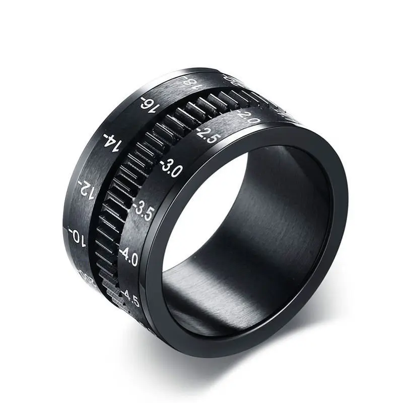 Men\'s Stainless Steel Black Camera Lens Photographers Triple Spinning Band Ring