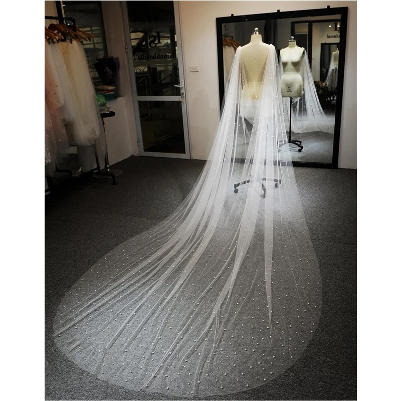 Parels Bridal Cape Schouder Sluier Kathedraal Lange Parel Tulle Wedding Shrugs Bolero Kathedraal Sparkly Voor Bruiden Accessoires Nieuwe