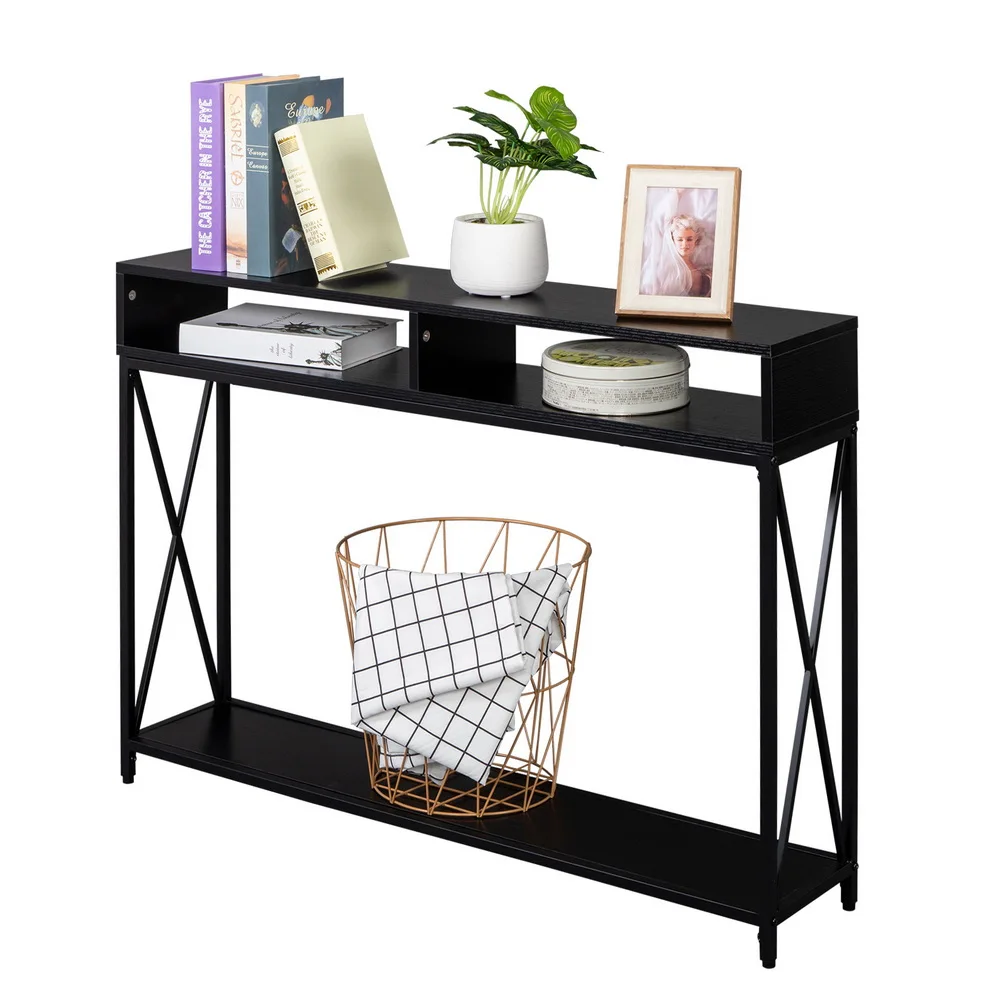 108x23x76CM Console Table Industrial Style Porch Table Side Cross 3-Layer Black Oak MDF Board Metal Frame for Living Room[US-W]