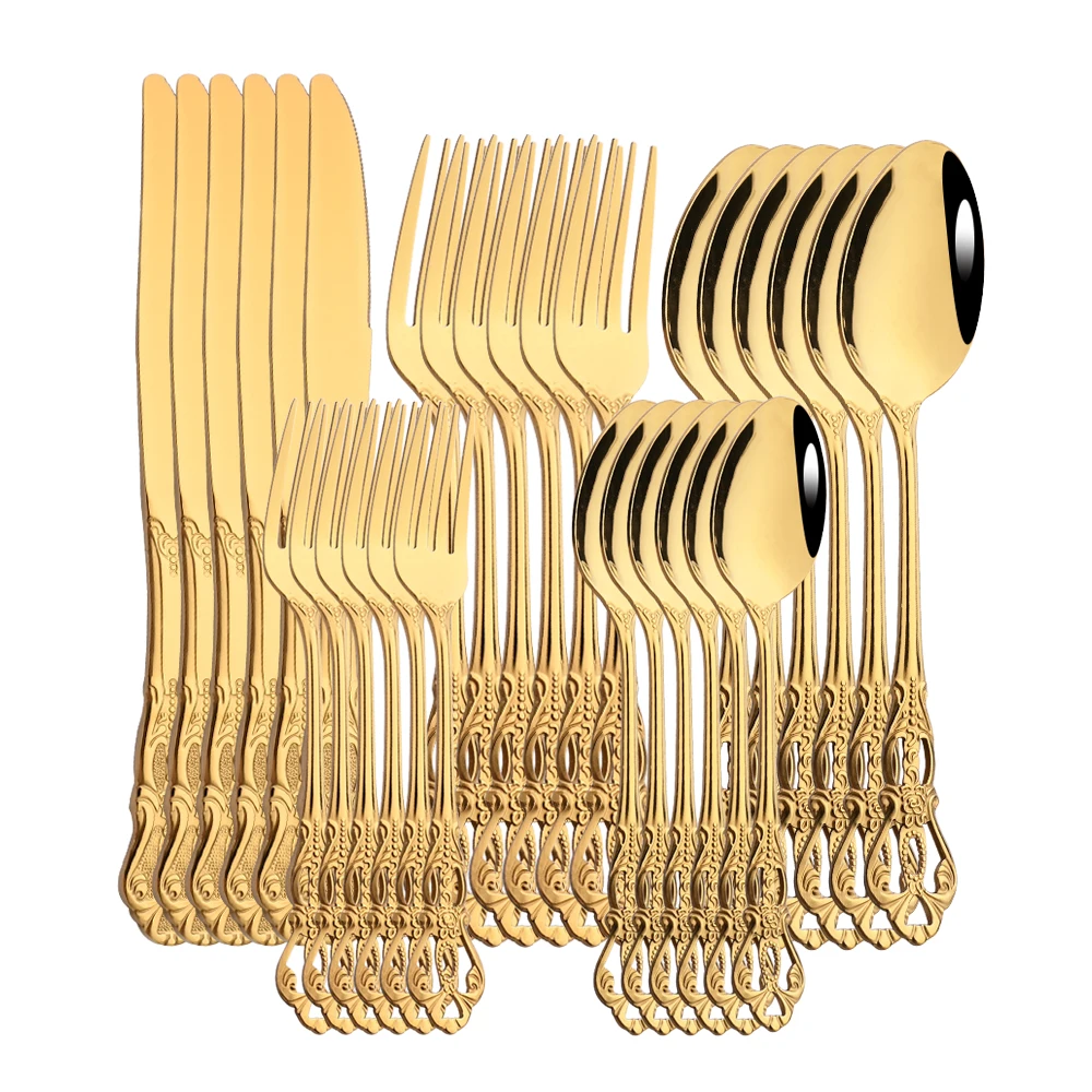 

30Pcs/6Set Gold Royal Cutlery Set Dinner Knife Fork Spoon Dinnerware Flatware Stainless Steel For Home Kitchen Tableware Set