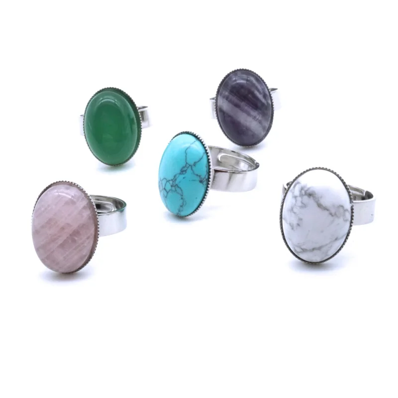 Oval Stone Ring Tiger Eye Opal  Blue White Purple Green Pink Crystal Adjustable Ring for Women Jewelry