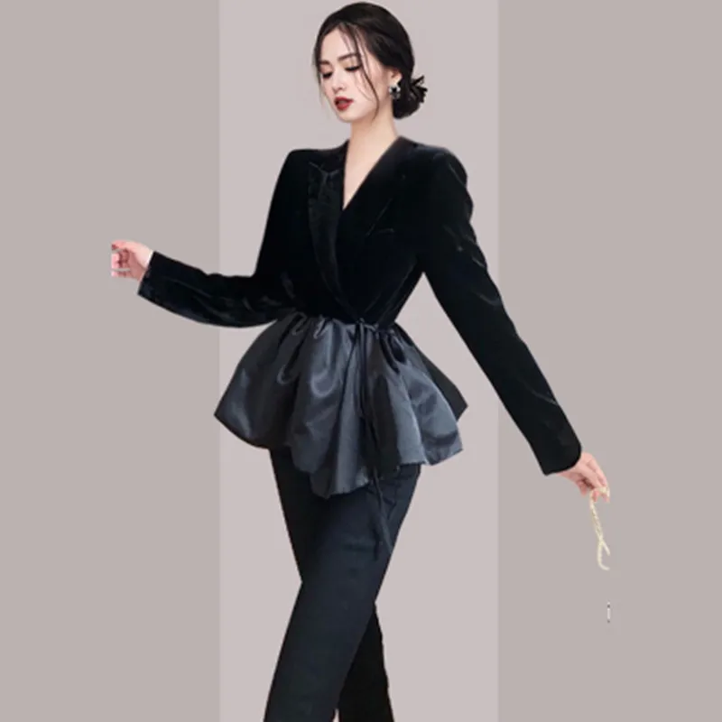 New Fashion Slim Velvet Jacket Coat Women Spring Design Long Sleeve Lace Up Splicing Ruffle Ladies Solid Color Top