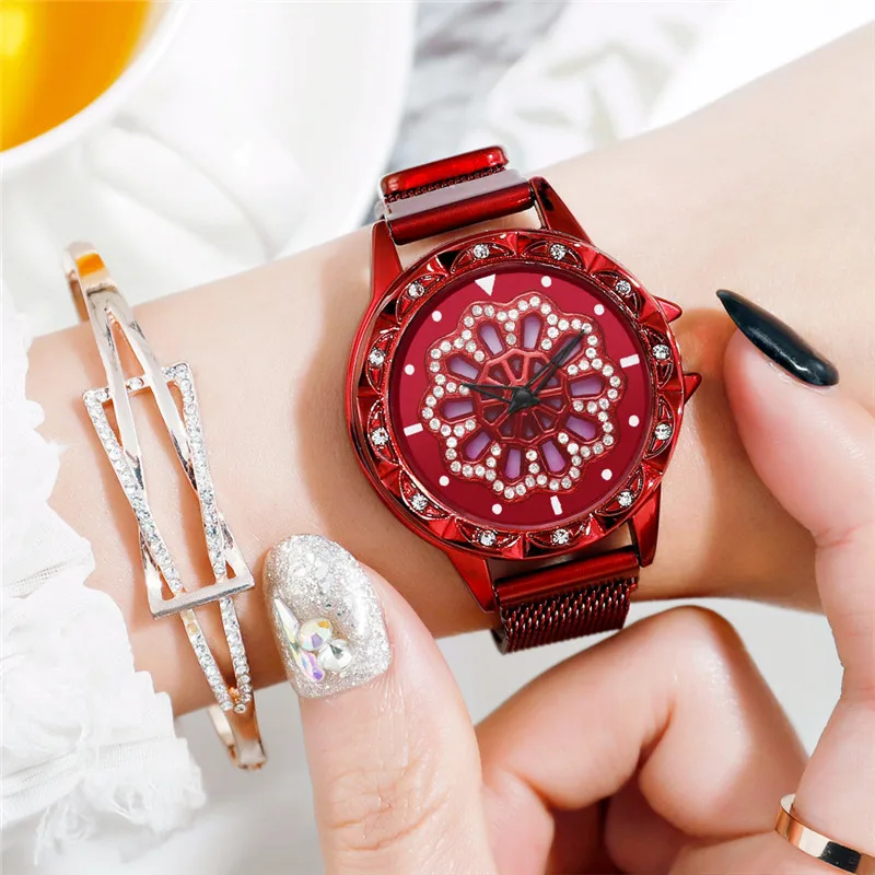 

Luxury Rose Gold Watch Women 360 Degrees Rotation Special Design Diamond Watches Mesh Magnet Starry Sky Ladies Watch Quartz