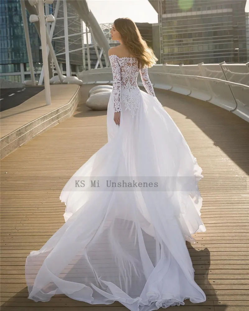 Sexy Sommer Hochzeit Kleider Spitze Langarm Hochzeit Kleider EINE Linie Chiffon-Strand Braut Kleid 2021 Tasten Robe de Mariage