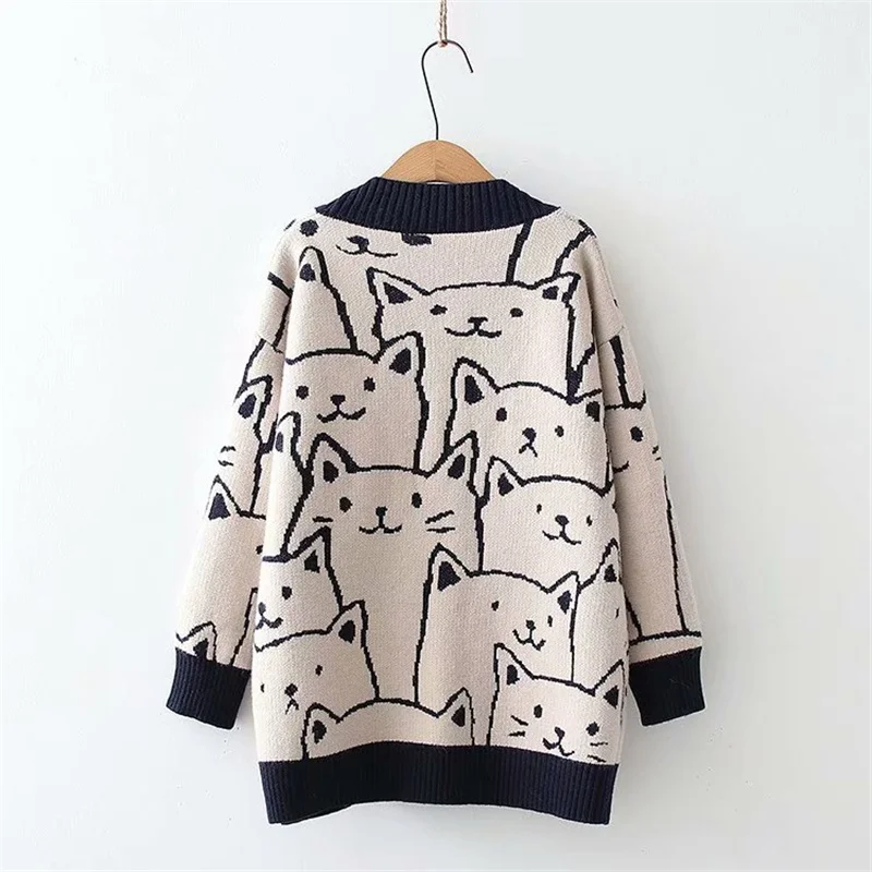 Harajuku Kawaii Cartoon V Neck Cardigan Women Cute Cat Vintage Knitted Sweater Female Retro Fashion Long Sleeve Knitwear Coat