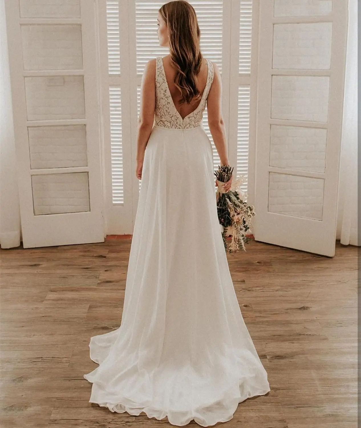 Trouwjurk Boho Eenvoudige Kant En Chiffon Backless Bohemian Bridal A-lijn Bruidsjurken Mouwloze 2020 Sweep Trein Prachtige